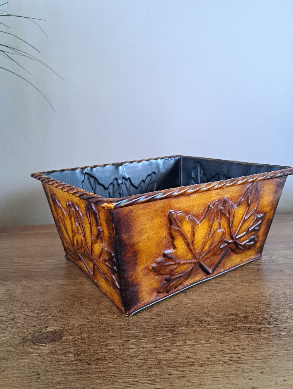 Maple Leaf Metal Planter Rectangular Tin Box Fall Country Cottage Farm Decor